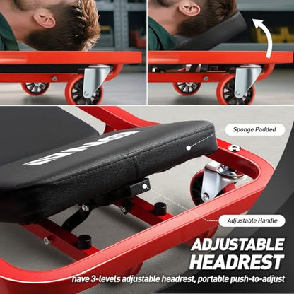 ‎DNA MOTORING TOOLS-00271 Rolling Car Creeper with 3-leves Adjustable Headrest & 6 Casters,300lbs Max Weight Capacity,Red - color: Red