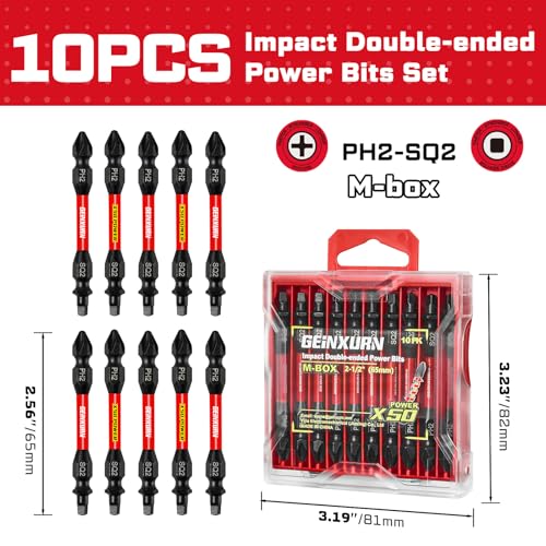 Geinxurn 10Pcs PH2-SQ2 Impact Double End Screwdriver Bit Set, 2.56 in. #2 Phillips /#2 Square Power Driver Bits, Magnetic S2 Steel Two Sides Screwdriver Bits Set with Storage M-Box - style: 2.56"-PH2/SQ2-10PC