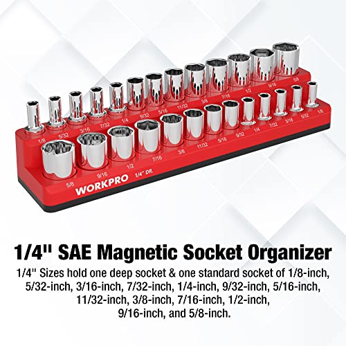 WORKPRO Magnetic Socket Organizer, 1/4-Inch SAE Socket Holder | Hold 26-Piece Sockets, Suitable for Standard and Deep Sockets, Magnetic Base, No Scratches Installation, Socket Not Included - size: 1/4" DR - SAE
