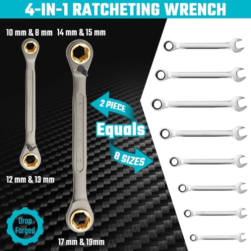 DURATECH Anti-slip 4-in-1 Reversible Ratcheting Box Wrench Set | Double Box End, Metric, 2-Piece, 8, 10, 12, 13 & 14, 15, 17, 19 mm, CR-V Steel, Nickel Plated, with Rolling Pouch - style: Anti-slip & Metric