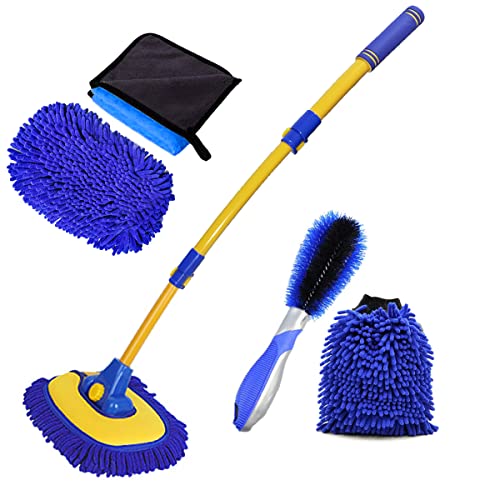 BMLEI Car Wash Brush With Long Handle, Chenille Microfiber Mop Mitt, 1 Replacement Head, Wheel Brush Extension Pole, Cleaning Kit With Towels for Cars Trucks 5PCS - color: 5pcs Blue Mop Washing Set