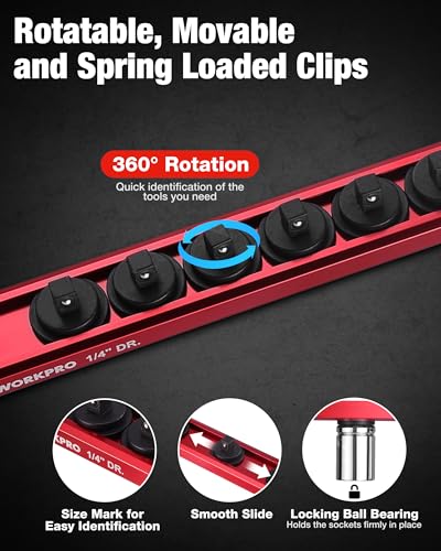 WORKPRO 6-Piece Magnetic Socket and Screwdriver Organizer Set | 3-Piece 1/4", 3/8" & 1/2" Drive Metric & SAE Socket Rails, 3-Piece Screwdriver and Wrench Holders - size: 3pc Socket Rail & 3pc Screwdriver Rail