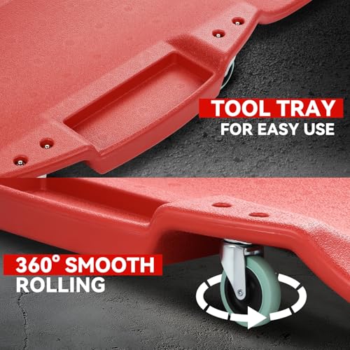 Auto Dynasty 47 Inches Mechanic Creeper, Automotive Garage Repair Low Profile Under Car Rolling Creeper with Padded Headrest, Plastic, Red - color: Red