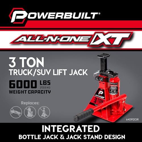 POWERBUILT 3 Ton All-in-One Hydraulic Bottle Jack and Jackstand in One, Compact, Wide Base, 11-21 Inch Range, Eliminates Jackstands, for Trucks, SUVs, RVs, Trailers, ASME, Not for Sedans - 640912 - color: Orange