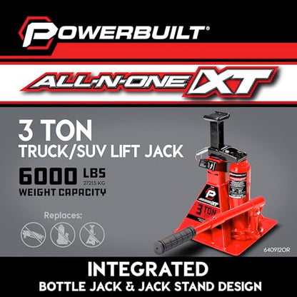 POWERBUILT 3 Ton All-in-One Hydraulic Bottle Jack and Jackstand in One, Compact, Wide Base, 11-21 Inch Range, Eliminates Jackstands, for Trucks, SUVs, RVs, Trailers, ASME, Not for Sedans - 640912 - color: Orange