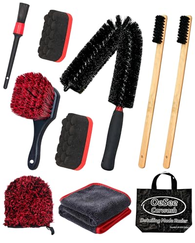 oesee 10PCS Engine Bay Cleaning Kit, Professional Under Hood Detailing Tools with Long Bendable Brush & Natural Bamboo Horsehair Brush, Applicators, Towel for Car, Truck