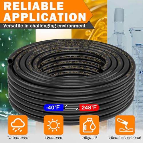CheeMuii 200 FT 1/2" DOT Air Line with Heavy Duty Tube Cutter Kit PA12 Nylon 1/2 Pneumatic Tubing SAE J844 DOT Air Hose 61 Meter 1/2 Inch OD Pneumatic Air Tubing Pipe Hose Line - size: 1/2"OD-200FT-Single Layer