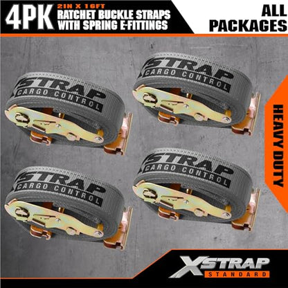XSTRAP STANDARD 4-PK 2" x 16' E-Track Heavy Duty Ratchet Tie Down Straps | 4,400lbs Break Strength Cargo Securement Straps for Trailers, Trucks, Vans & Motorcycles with Spring Fittings (Grey) - size: Grey-4PK-16FT