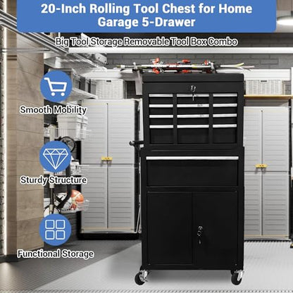 5-Drawer Rolling Tool Chest with Wheels and Locking System, Portable Tool Cabinet for Garage, Workshop, Mechanic, Heavy Duty Tool Box with Drawers, Detachable Storage for Home and Shop, Black - style: 5-Drawer Tool Box