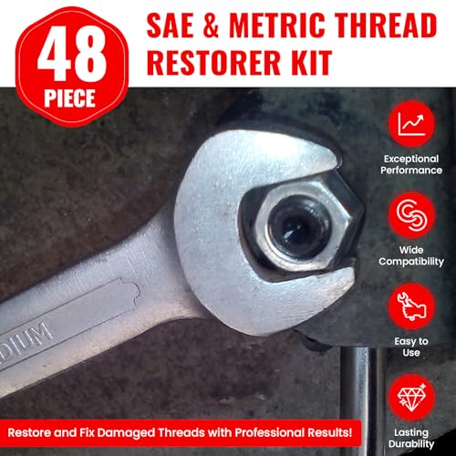 48PCS Thread Chaser Set, Metric SAE Thread Restorer Kit, Thread Repair Kit with 22 Taps 24 Dies 2 Thread Files for Wheel Stud, Spark Plug, Engine, Standard Screw Threading UNC UNF with Case