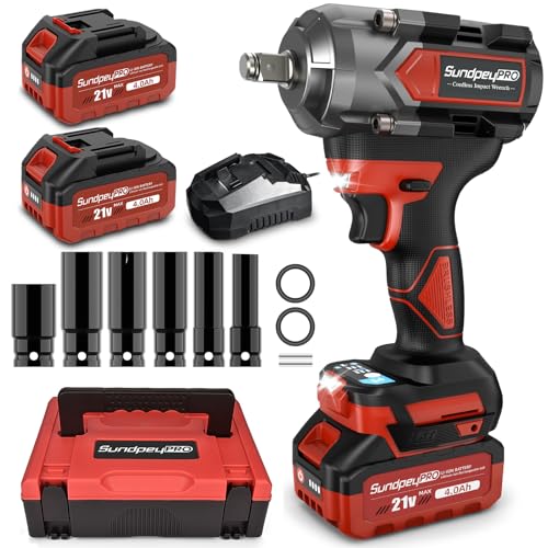 Cordless Impact Wrench 750Ft-lbs - 21V 1/2" Brushless Electric Impact Gun Set with 2 x 4.0Ah Batteries & 5 Sockets& Fast Charger & Sturdy Case for Truck & RV Red