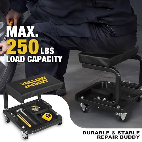 YELLOW JACKET Mechanic Rolling Stool 250 Lbs Capacity, Garage Stool on Wheels with Tool Tray Storage, Work Stools with Wheels for Garage, Shop, Mechanic Chair with Wheels, Auto Repair - size: Medium