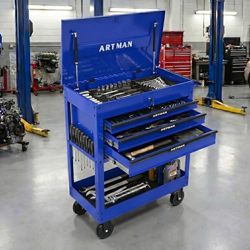 Rolling Tool Chest with Metal Top, 3-Drawer Tool Cart with Wheels, Blue | Ball-Bearing Slides, Powder-Coated Finish, Side Tool Rack, Lockable, Locking Brakes, Ergonomic Push Handle - color: Blue