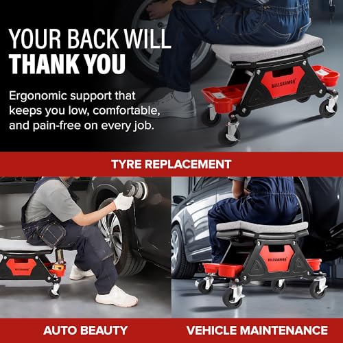 BullsArmor Rolling Mechanic Seat 300 LBS Capacity Creeper Stool with 4” Wheels Locks Heavy Duty Garage Chair with 3 Slide Out Tool Trays Drawer, Auto Repair Detailing Car Wrap Motorcycle Workshop DIY