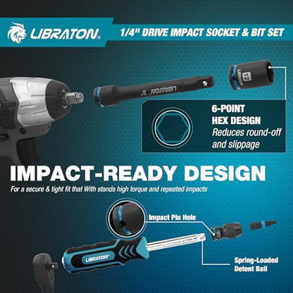 LIBRATON 71PCS 1/4 Impact Socket Set, Complete SAE & Metric Socket & Bit Set, Impact Ready Drive Socket Kit with 90-Tooth Ratchet & Spinner Handle for Drill & Impact Driver, Automotive Repair Tool Kit