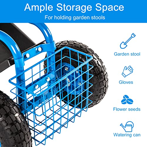 Kinfant Rolling Garden Cart Scooter Stool - Garden Cart with Wheels & Seat, Adjustable Handle 360 Degree Swivel (Blue) - color: Blue