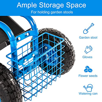 Kinfant Rolling Garden Cart Scooter Stool - Garden Cart with Wheels & Seat, Adjustable Handle 360 Degree Swivel (Blue) - color: Blue