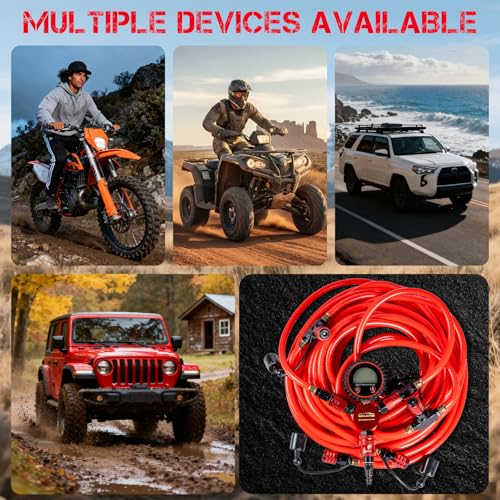 4 Tire Inflation Deflation System W/300PSI Digital Pressure Gauge | Fits up to 200" Wheelbase, Plastic Carry Box & Heavy Duty Hoses, Fits Truck, Car, Trailer, Motorcycle Offroad Vehicles, Red - color: Red