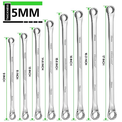SWANLAKE GARDEN TOOLS 8-Piece Extra Long Double Box-End Wrench Set, Premium 12-Point Metric 8–24 mm, CR-V Steel, 15° Offset, Off-Corner Loading, with Tool Roll Bag