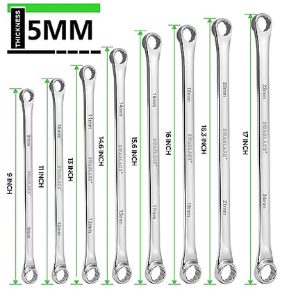 SWANLAKE GARDEN TOOLS 8-Piece Extra Long Double Box-End Wrench Set, Premium 12-Point Metric 8–24 mm, CR-V Steel, 15° Offset, Off-Corner Loading, with Tool Roll Bag