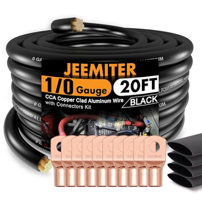 Jeemiter 1/0 Gauge Wire CCA Copper Clad Aluminum (20FT Black) - Battery Cable,Power/Ground Cable with Lug Terminal Connectors & 3:1Heat Shrink Tubing for Car Amplifier,Big 3 Upgrade,Auto - size: 20FT Black