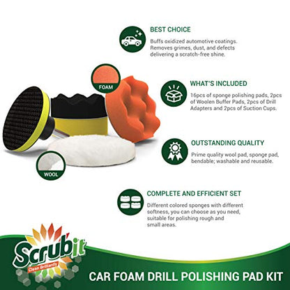 Car Foam Drill Polishing Pad Kit by SCRUBIT – 22 Pack, Includes 16 Detailing Sponges (3 in.), 2 Wool Buffer Pads, 2 Drill Adapters and Suction Cups for Your Vehicle - Waxing and Polisher Set