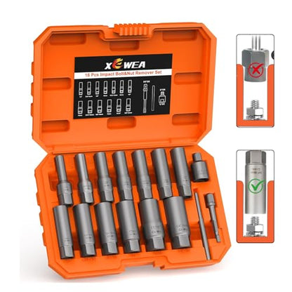16PCS 3/8" Drive Deep Bolt Socket Extractor Set, Bolt Nut Remover Set | Stripped Slim Easy Out Tools For Removing Broken, Damaged, Frozen, Rusted, Rounded-Off Bolts, Crews, Nuts, Stud - size: 16PCS
