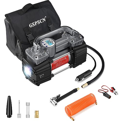 GSPSCN Heavy Duty Digital Tire Inflator 12V Portable Air Compressor Pump | 6X Faster Inflation Auto Shut-off Double Cylinders Metal Air Pump 150Psi with LED Light for Pickup,Truck,Car,Bicycles,RV,SUV - color: Titanium