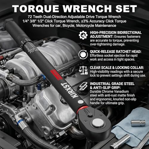 9PCS 1/4" 3/8" 1/2" Drive Click Torque Wrench, 72 Teeth Dual-Direction Adjustable, ±3% Accuracy Click Torque Wrench Set for Car, Motorcycle Maintenance - size: 9Peice