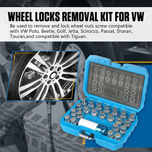 23pcs Wheel Lock Nuts Removal Kit for VW Volkswagen - Lug Nuts Screw Remover Socket Set With 1/2 Inch (12.7mm) Adapter - Compatible With VW Vehicles