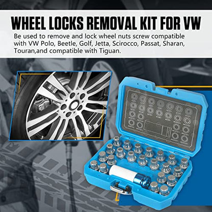 23pcs Wheel Lock Nuts Removal Kit for VW Volkswagen - Lug Nuts Screw Remover Socket Set With 1/2 Inch (12.7mm) Adapter - Compatible With VW Vehicles
