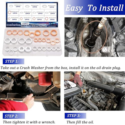 110PCS Crush Washer Oil Drain Plug Gasket Assortment,50PCS 5 Sizes Copper and 60PCS 6 Sizes Aluminum Oil Plug Washers Automotive Engine Crush Washers (M10 M12 M14 M16 M18) - size: 110PCS (M10-M18)