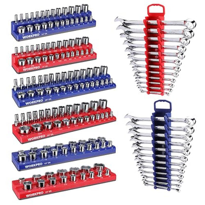 WORKPRO 8-Piece Magnetic Socket and Wrench Organizer Set | 6-Piece Socket Holders, 1/4" 3/8" 1/2" DR Tool Trays, For Metric SAE Sockets, 2-Piece Wrench Holders, For Metric SAE Wrenches