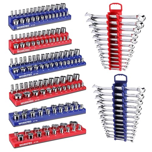 WORKPRO 8-Piece Magnetic Socket and Wrench Organizer Set | 6-Piece Socket Holders, 1/4" 3/8" 1/2" DR Tool Trays, For Metric SAE Sockets, 2-Piece Wrench Holders, For Metric SAE Wrenches