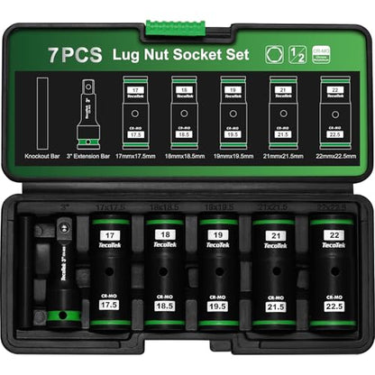 TecoTek 7PCS Lug Nut Socket Set, 1/2” Impact Thin Wall Flip Socket, Half Size Wheel Socket Set, Metric, 6 Point, 3" Extension Bar & Knockout Bar, 17.5mm, 18.5mm, 19.5mm, 21.5mm, and 22.5mm - size: Half Size Metric