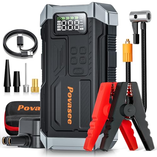 Povasee Jump Starter with Air Compressor 5000A Portable Jump Box up to 9L gas/8L Diesel,inflates Tires to 150PSI 12V Car Battery Jumper Starter - style: With Air Compressor