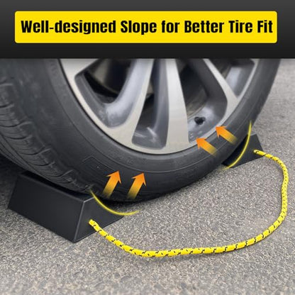 HOXWELL Dual Wheel Chocks, Light Non-Slip Wheel Stoppers with Nylon Rope Yellow Reflective Tape, Wheel Block for Lightweight Travel Trailer, Light Truck, Car, Tractor, Lawnmower 1 Pair, Black&Yellow