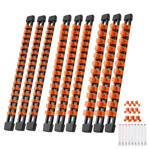 Reniteco 9-Pack Socket Organizer Set, 1/4" x 48 3/8" x 45 1/2" x 36 Clips | 129 Clip Capacity, Havy-Duty ABS Socket Rails, Removable Clips, Drive Socket Storage, Toolbox Drawer or Wall Mount - color: Orange, size: 9 Pcs