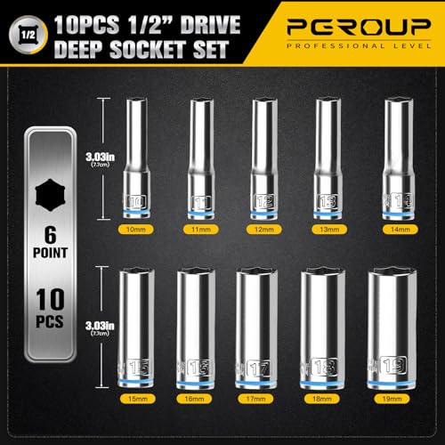 10PCS 1/2” Drive Deep Socket Set, Metric (10mm-19mm), 6-Point, Cr-V Steel, Chrome Plated Socket With Hanging Bracket, Cover Most Commonly Sizes - size: 1/2"Metric (10mm-19mm)