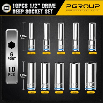 10PCS 1/2” Drive Deep Socket Set, Metric (10mm-19mm), 6-Point, Cr-V Steel, Chrome Plated Socket With Hanging Bracket, Cover Most Commonly Sizes - size: 1/2"Metric (10mm-19mm)