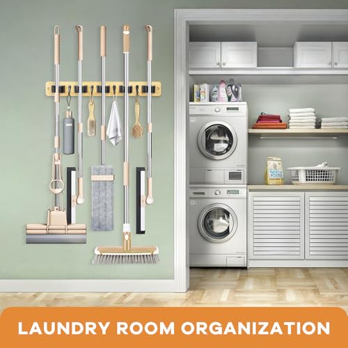 IMILLET Broom Holder Wall Mount, Bamboo Broom Hanger with 5 Racks 4 Hooks, Mop and Broom Holder Wall Mount Self Adhesive, Home Organization and Storage for Laundry Room, Closet, Utility Room - style: Bamboo-5 Slots