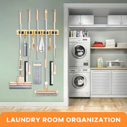 IMILLET Broom Holder Wall Mount, Bamboo Broom Hanger with 5 Racks 4 Hooks, Mop and Broom Holder Wall Mount Self Adhesive, Home Organization and Storage for Laundry Room, Closet, Utility Room - style: Bamboo-5 Slots