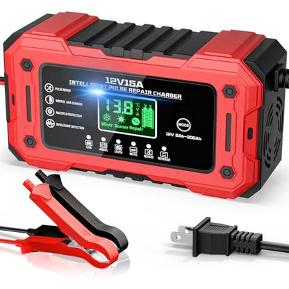 Battery Charger 15A 12V Fully Automatic Smart Trickle Car Battery Charger Maintainer with LCD Display & Temperature Compensation for Car Truck Motorcycle Lawn Mower Boat - color: Red