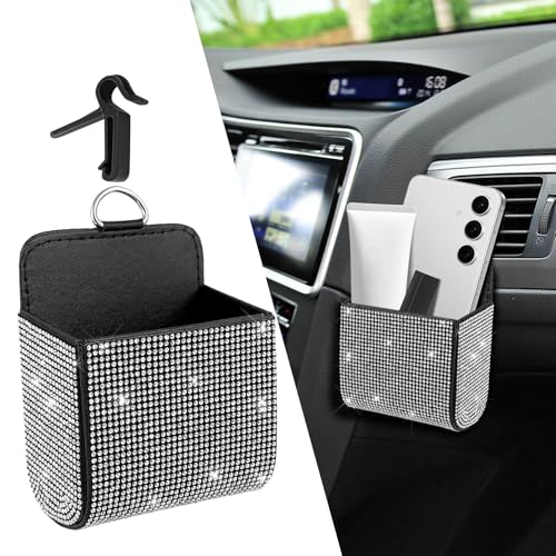 Car Vent Storage Organizer, Coin Holder for Car, Rhinestone Auto Vent Leather Pocket, Universal Car Accessories Bling Automotive Pouch Box with Hook Fit for Sunglasses, Key, Coin (White) - color: White