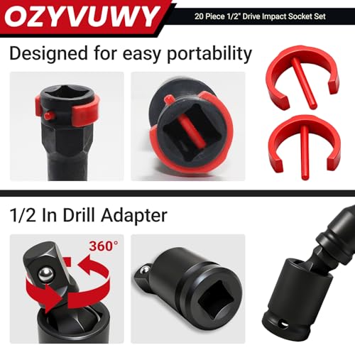 1/2" Drive Impact Socket Set, Heavy Duty Industrial-Grade Deep Sockets, Metric/SAE Extension Bars Standard Deep Socket Set, universal joint, and impact-resistant adapter, Cr-V Steel