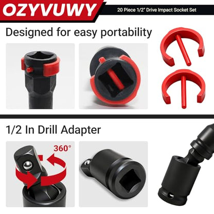 1/2" Drive Impact Socket Set, Heavy Duty Industrial-Grade Deep Sockets, Metric/SAE Extension Bars Standard Deep Socket Set, universal joint, and impact-resistant adapter, Cr-V Steel