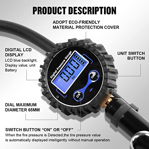 DNA Motoring Digital Tire Inflator 2.5" Pressure Gauge, 200 PSI Air Chuck, Compressor Accessories Heavy Duty, w/ 18in Rubber Tube & Quick Connect Coupler, TOOLS-00084
