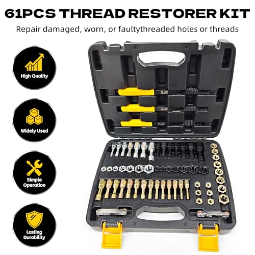 KJE 61Pcs Thread Restorer Kit, Rethreading Kit, UNC, UNF & Metric Thread Chaser Set with Taps, Dies, Thread Files & Pitch Gauges for Repair Damaged Threads Bolts, Nuts and Screws - size: 61PCS