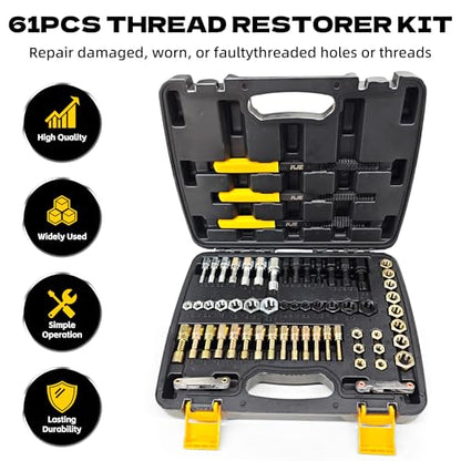 KJE 61Pcs Thread Restorer Kit, Rethreading Kit, UNC, UNF & Metric Thread Chaser Set with Taps, Dies, Thread Files & Pitch Gauges for Repair Damaged Threads Bolts, Nuts and Screws - size: 61PCS