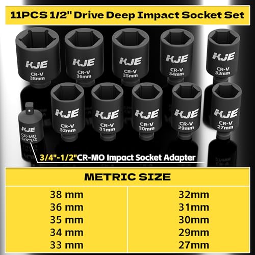 KJE 11PCS 1/2 Drive Metric Deep Impact Socket Set, Size 27,29,30,31,32,33,34,35,36,38mm, large jumbo axle nut socket set, big heavy duty socket set - size: 11PCS Metric